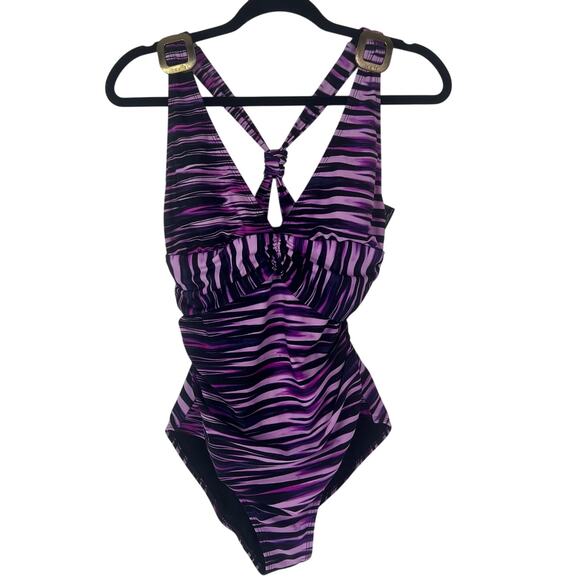 Catalina One Piece Swimsuit  L (12-14) Purple Stripe X Back Plunge Removable Cup - Picture 1 of 7